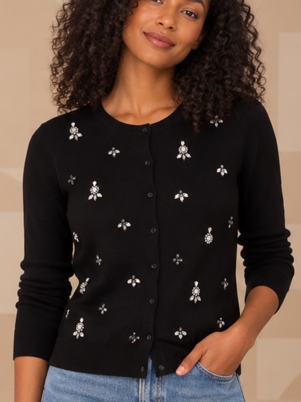 🎙️MAKE OFFER🎙️ LOFT Black Embellished Crewneck Cardigan Sweater Beaded MED